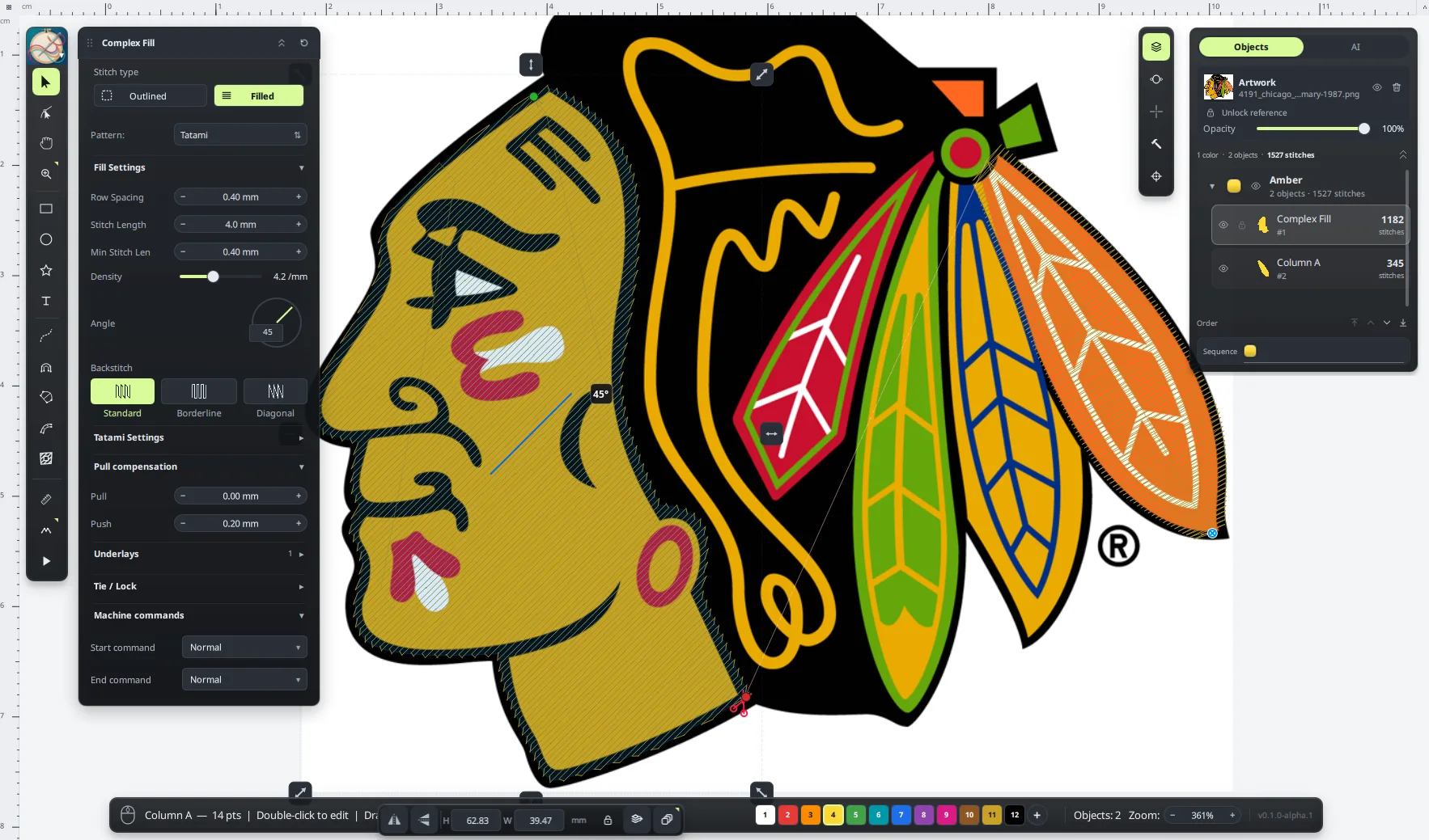 AnyTa Complex Fill panel with the digitized artwork and stitch properties